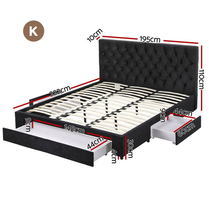 Artiss King Bed Frame Storage Charging Station Upholstered 3 Drawers USB Type-C.