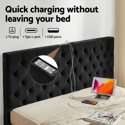 Artiss King Bed Frame Storage Charging Station Upholstered 3 Drawers USB Type-C.