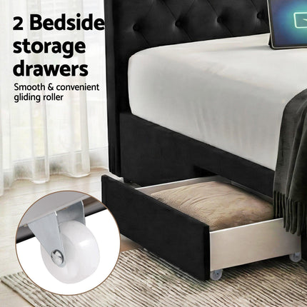 Artiss King Bed Frame Storage Charging Station Upholstered 3 Drawers USB Type-C.