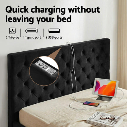 Artiss Queen Bed Frame Storage Charging Station Upholstered 3 Drawers USB Type-C.