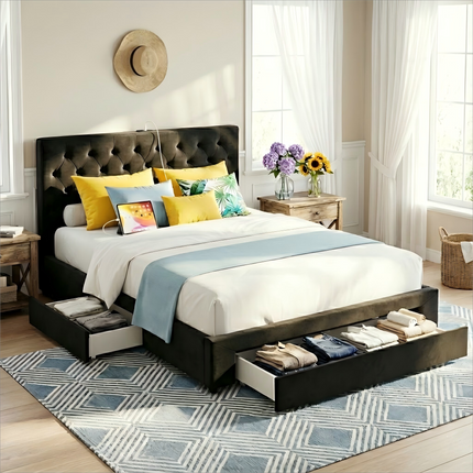 Artiss Queen Bed Frame Storage Charging Station Upholstered 3 Drawers USB Type-C.