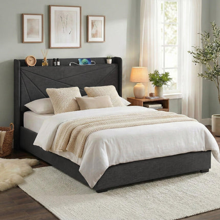 Artiss Double Bed Frame Gas Lift Storage Bed with Charging Ports Upholstered Geometric Headboard Charcoal Grey.