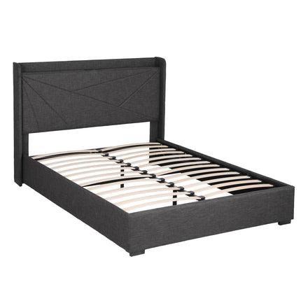 Artiss Double Bed Frame Gas Lift Storage Bed with Charging Ports Upholstered Geometric Headboard Charcoal Grey.