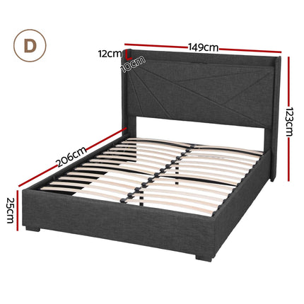 Artiss Double Bed Frame Gas Lift Storage Bed with Charging Ports Upholstered Geometric Headboard Charcoal Grey.