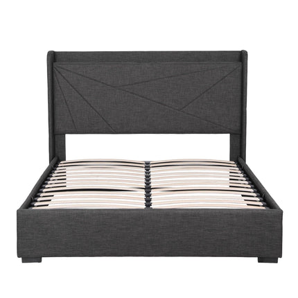 Artiss Double Bed Frame Gas Lift Storage Bed with Charging Ports Upholstered Geometric Headboard Charcoal Grey.