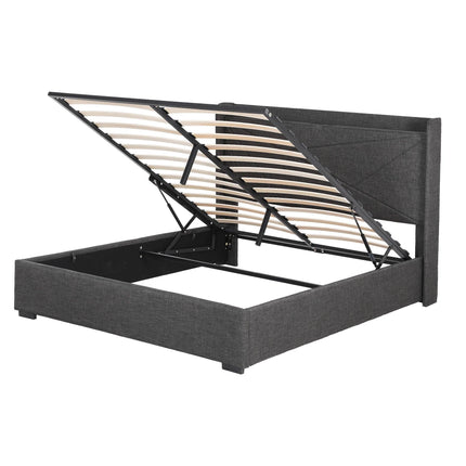 Artiss Double Bed Frame Gas Lift Storage Bed with Charging Ports Upholstered Geometric Headboard Charcoal Grey.