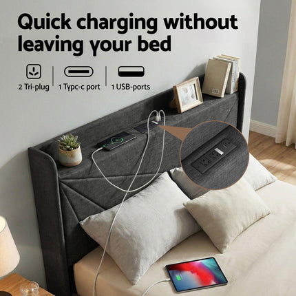 Artiss Double Bed Frame Gas Lift Storage Bed with Charging Ports Upholstered Geometric Headboard Charcoal Grey.