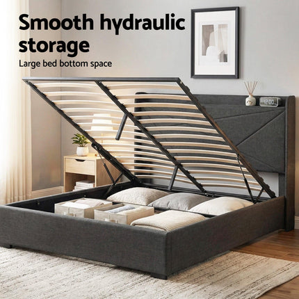 Artiss Double Bed Frame Gas Lift Storage Bed with Charging Ports Upholstered Geometric Headboard Charcoal Grey.