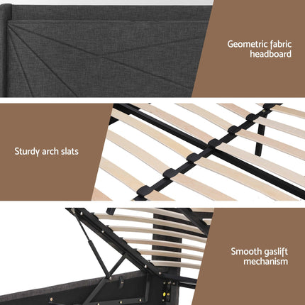 Artiss Double Bed Frame Gas Lift Storage Bed with Charging Ports Upholstered Geometric Headboard Charcoal Grey.