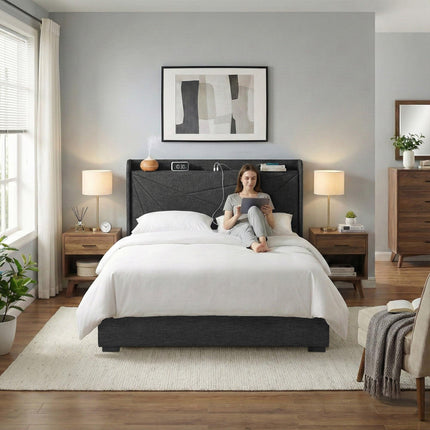 Artiss Double Bed Frame Gas Lift Storage Bed with Charging Ports Upholstered Geometric Headboard Charcoal Grey.