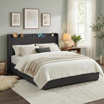 Artiss King Bed Frame Gas Lift Storage Bed with Charging Ports Upholstered Geometric Headboard Charcoal Grey.
