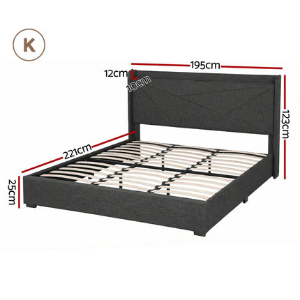 Artiss King Bed Frame Gas Lift Storage Bed with Charging Ports Upholstered Geometric Headboard Charcoal Grey.
