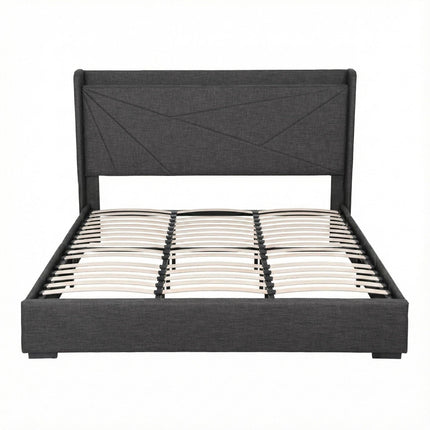Artiss King Bed Frame Gas Lift Storage Bed with Charging Ports Upholstered Geometric Headboard Charcoal Grey.