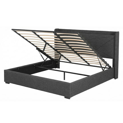 Artiss King Bed Frame Gas Lift Storage Bed with Charging Ports Upholstered Geometric Headboard Charcoal Grey.