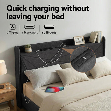 Artiss King Bed Frame Gas Lift Storage Bed with Charging Ports Upholstered Geometric Headboard Charcoal Grey.