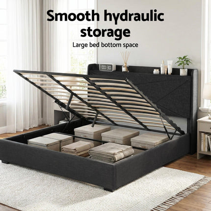 Artiss King Bed Frame Gas Lift Storage Bed with Charging Ports Upholstered Geometric Headboard Charcoal Grey.