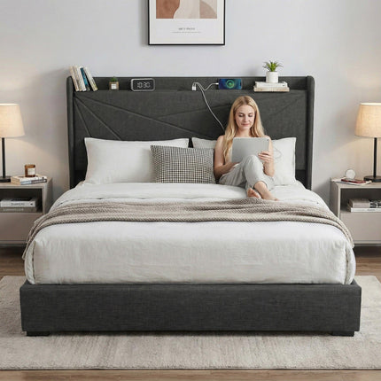 Artiss King Bed Frame Gas Lift Storage Bed with Charging Ports Upholstered Geometric Headboard Charcoal Grey.