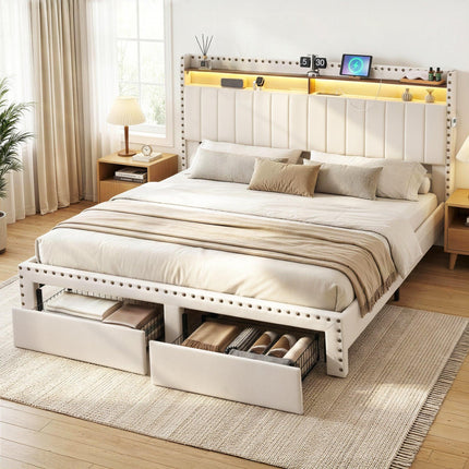 Artiss King Upholstered Bed Frame with Shelf Storage Drawers Charging Station Mood Lighting Linen.