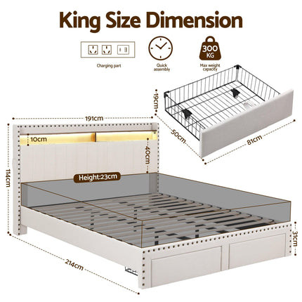 Artiss King Upholstered Bed Frame with Shelf Storage Drawers Charging Station Mood Lighting Linen.