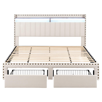 Artiss King Upholstered Bed Frame with Shelf Storage Drawers Charging Station Mood Lighting Linen.
