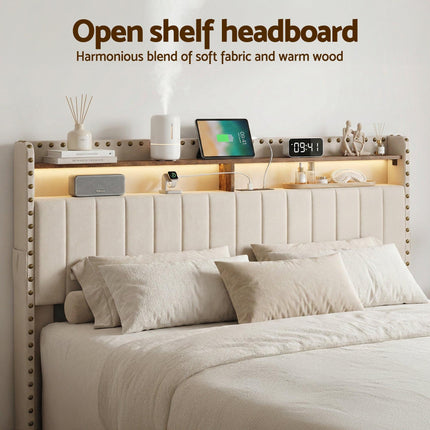 Artiss King Upholstered Bed Frame with Shelf Storage Drawers Charging Station Mood Lighting Linen.