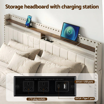 Artiss King Upholstered Bed Frame with Shelf Storage Drawers Charging Station Mood Lighting Linen.