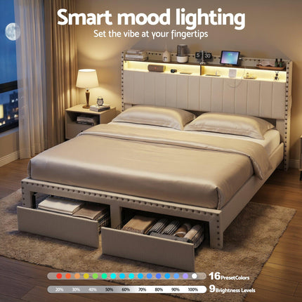 Artiss King Upholstered Bed Frame with Shelf Storage Drawers Charging Station Mood Lighting Linen.