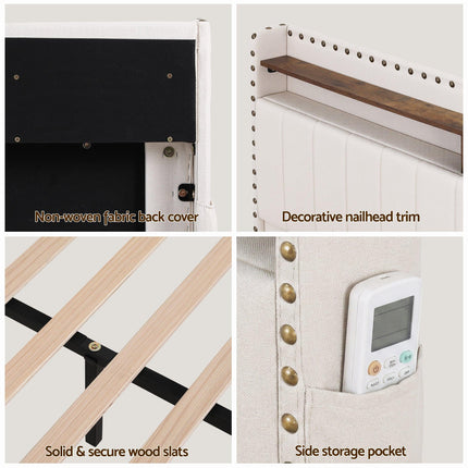 Artiss King Upholstered Bed Frame with Shelf Storage Drawers Charging Station Mood Lighting Linen.