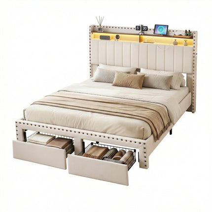 Artiss King Upholstered Bed Frame with Shelf Storage Drawers Charging Station Mood Lighting Linen.
