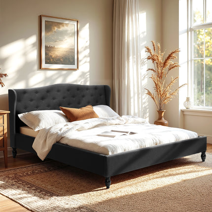 Artiss King Bed Frame Wingback Headboard Charcoal Grey Linen Upholstered Platform Bed Base.