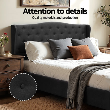 Artiss King Bed Frame Wingback Headboard Charcoal Grey Linen Upholstered Platform Bed Base.