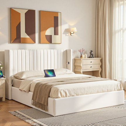 Artiss Double Bed Frame with Gaslift Storage USB Type-C Charging Ports Velvet Upholstery White.