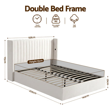 Artiss Double Bed Frame with Gaslift Storage USB Type-C Charging Ports Velvet Upholstery White.