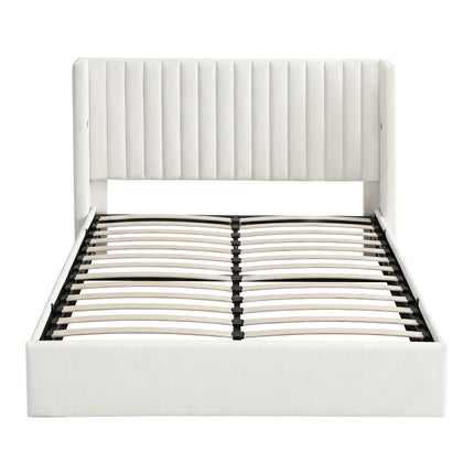 Artiss Double Bed Frame with Gaslift Storage USB Type-C Charging Ports Velvet Upholstery White.