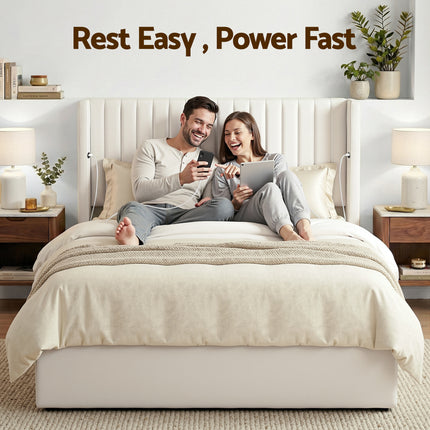 Artiss Double Bed Frame with Gaslift Storage USB Type-C Charging Ports Velvet Upholstery White.