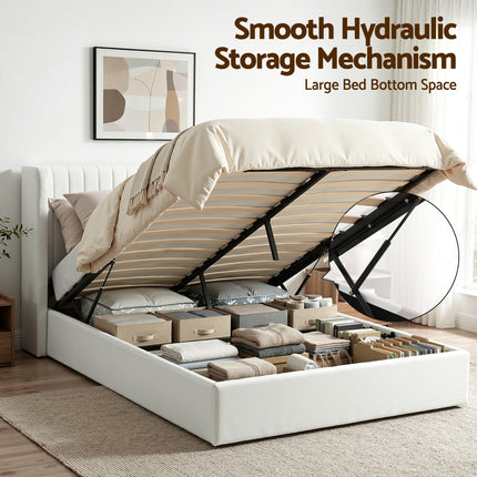 Artiss Double Bed Frame with Gaslift Storage USB Type-C Charging Ports Velvet Upholstery White.