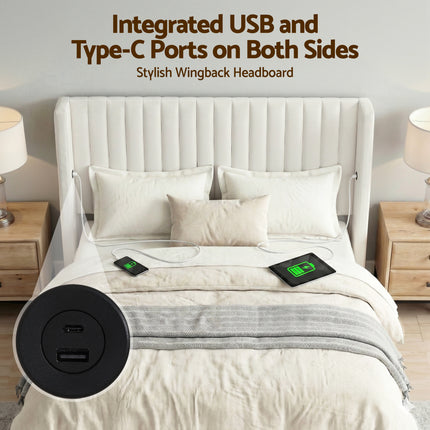 Artiss Double Bed Frame with Gaslift Storage USB Type-C Charging Ports Velvet Upholstery White.