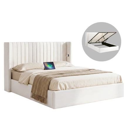 Artiss Double Bed Frame with Gaslift Storage USB Type-C Charging Ports Velvet Upholstery White.