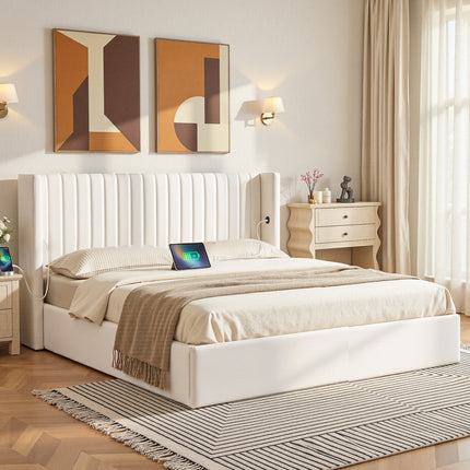 Artiss King Bed Frame with Gaslift Storage USB Type-C Charging Ports Velvet Upholstery White.