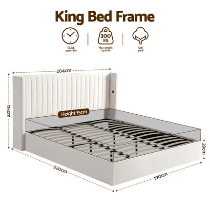 Artiss King Bed Frame with Gaslift Storage USB Type-C Charging Ports Velvet Upholstery White.