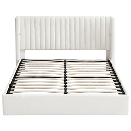 Artiss King Bed Frame with Gaslift Storage USB Type-C Charging Ports Velvet Upholstery White.