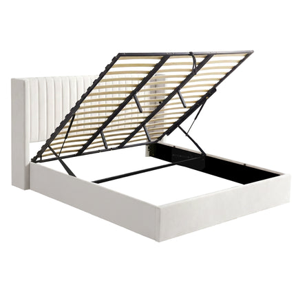 Artiss King Bed Frame with Gaslift Storage USB Type-C Charging Ports Velvet Upholstery White.