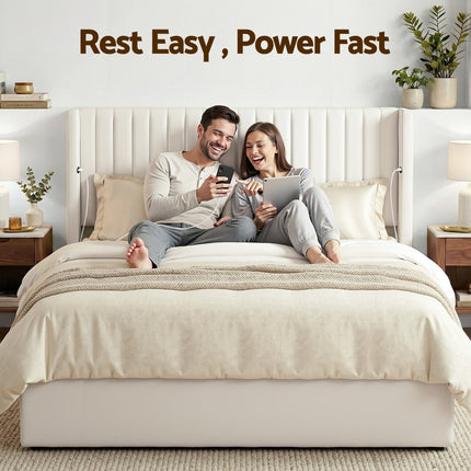 Artiss King Bed Frame with Gaslift Storage USB Type-C Charging Ports Velvet Upholstery White.