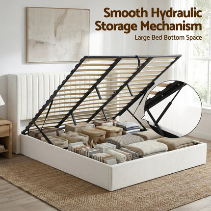 Artiss King Bed Frame with Gaslift Storage USB Type-C Charging Ports Velvet Upholstery White.