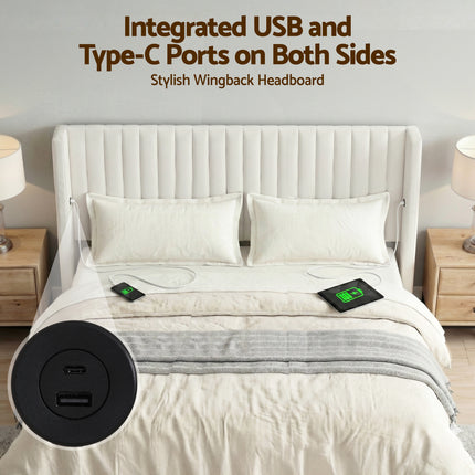 Artiss King Bed Frame with Gaslift Storage USB Type-C Charging Ports Velvet Upholstery White.