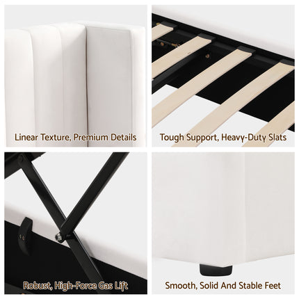 Artiss King Bed Frame with Gaslift Storage USB Type-C Charging Ports Velvet Upholstery White.
