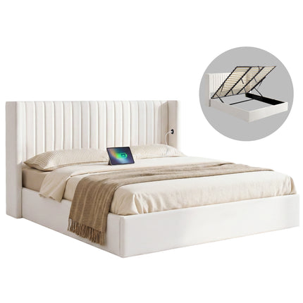 Artiss King Bed Frame with Gaslift Storage USB Type-C Charging Ports Velvet Upholstery White.