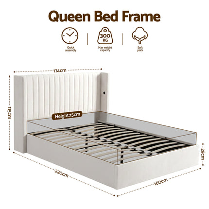 Artiss Queen Bed Frame with Gaslift Storage USB Type-C Charging Ports Velvet Upholstery White.