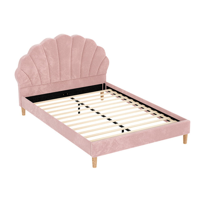 Artiss Bed Frame Double Size Scallop-Shape Bedhead Beds Base Pink Velvet Fabric.