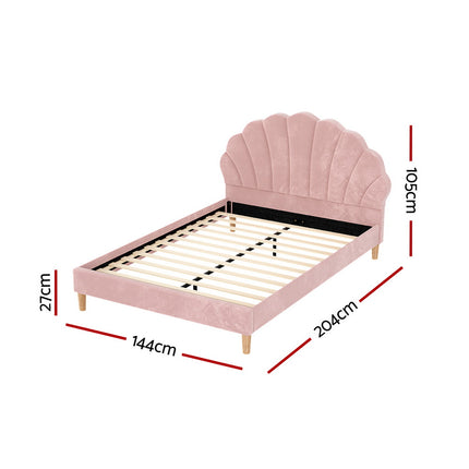 Artiss Bed Frame Double Size Scallop-Shape Bedhead Beds Base Pink Velvet Fabric.
